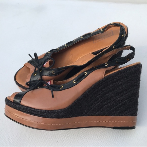 HUNTER boot wedge Sandals shoes 8 1/2 tie peep toe - Picture 4 of 8